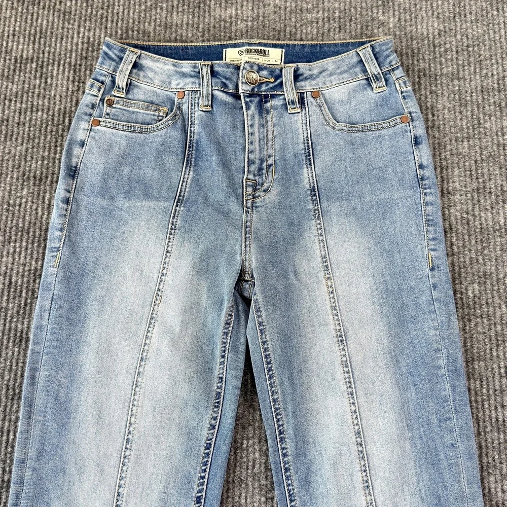 Rock & Roll Trouser Flare Jeans Womens 27x34 Light Wash High Rise Front Slit Leg - Picture 2 of 16